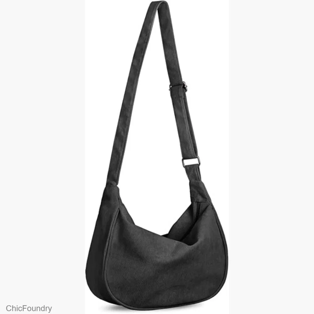 Corduroy Crossbody Hobo Bag, Adjustable Strap, Zipper Compartment, Small Size